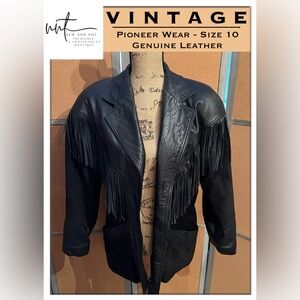 Vintage Pioneer Wear Black Leather Suede Fringe Western Jacket Size 10 90s Y2K